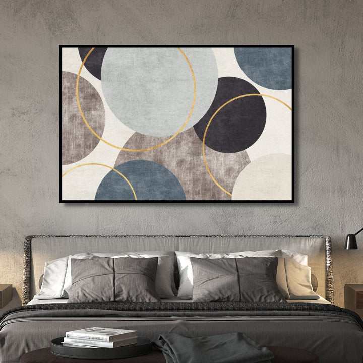 Contemporary Blue, Beige and Gold Circles Canvas Art - Designity Art