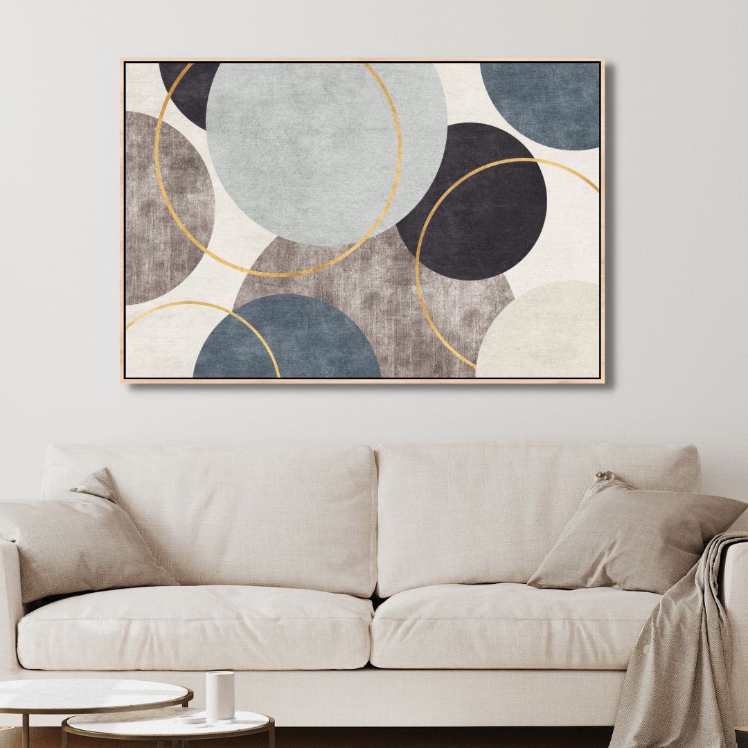 Contemporary Blue, Beige and Gold Circles Canvas Art - Designity Art