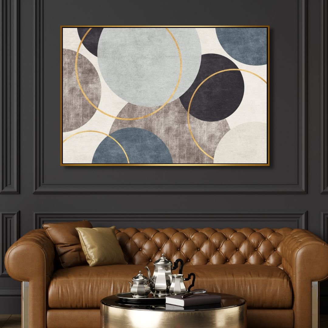 Contemporary Blue, Beige and Gold Circles Canvas Art - Designity Art