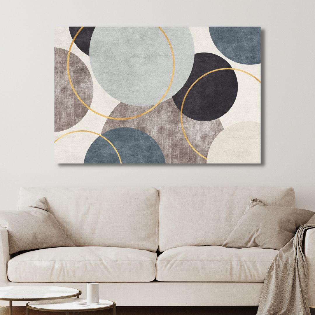 Contemporary Blue, Beige and Gold Circles Canvas Art - Designity Art