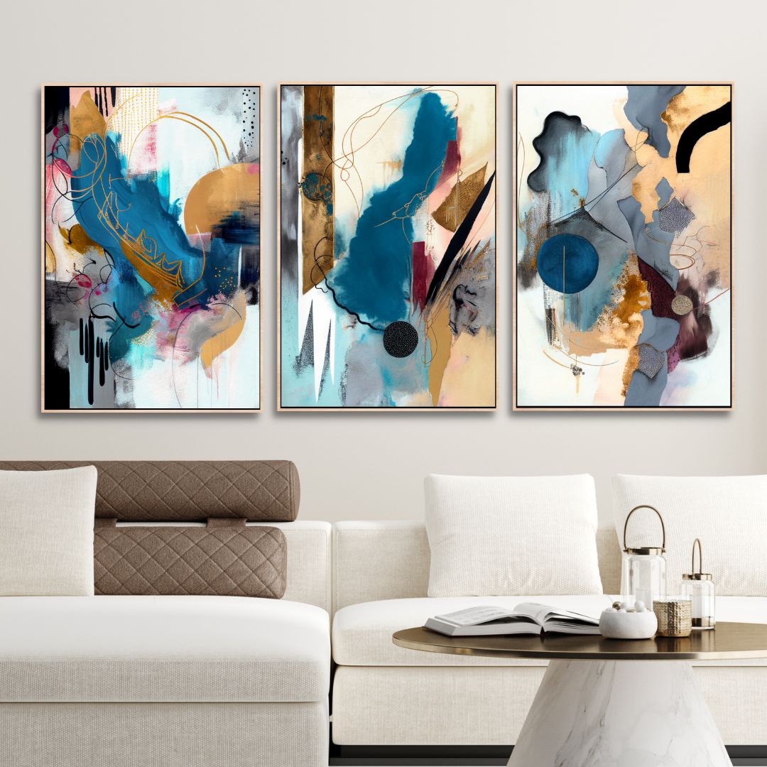 Contemporary Blue, Gold and Gray Brush Strokes Abstract Art - Designity Art