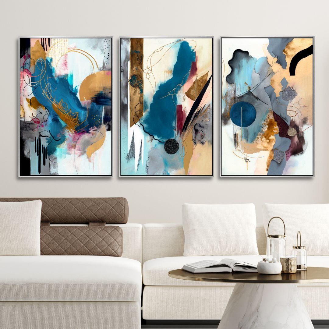 Contemporary Blue, Gold and Gray Brush Strokes Abstract Art - Designity Art