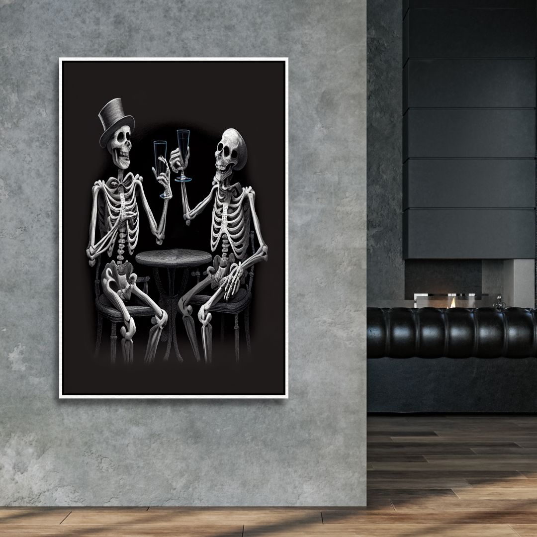 Dancing Skeletons Black and White Canvas Wall Art - Designity Art