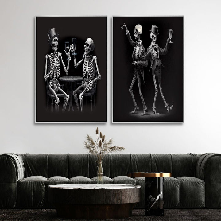 Dancing Skeletons Black and White Canvas Wall Art - Designity Art