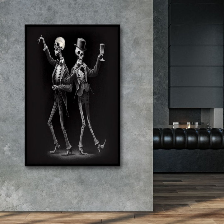 Dancing Skeletons Black and White Canvas Wall Art - Designity Art