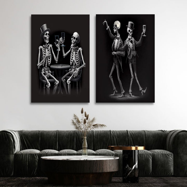 Dancing Skeletons Black and White Canvas Wall Art - Designity Art