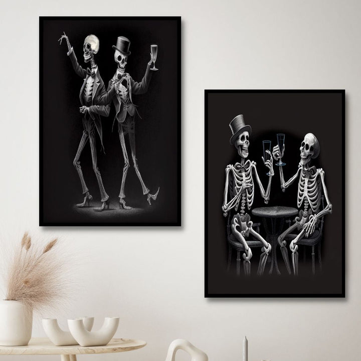 Dancing Skeletons Black and White Canvas Wall Art - Designity Art