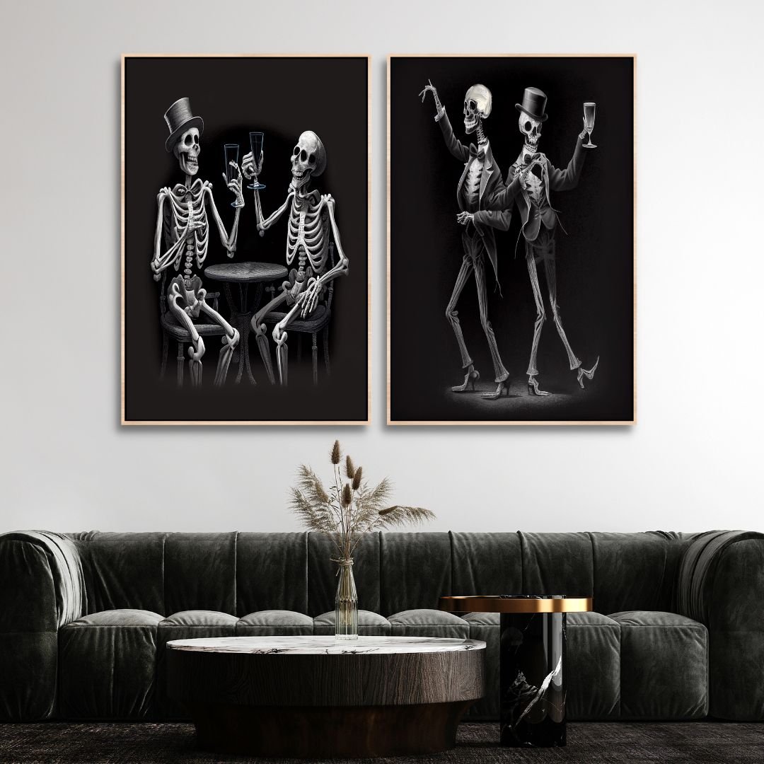 Dancing Skeletons Black and White Canvas Wall Art - Designity Art