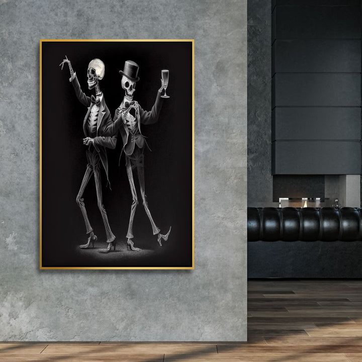 Dancing Skeletons Black and White Canvas Wall Art - Designity Art