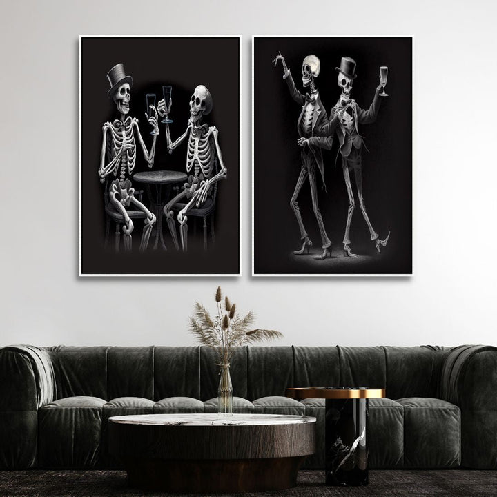 Dancing Skeletons Black and White Canvas Wall Art - Designity Art