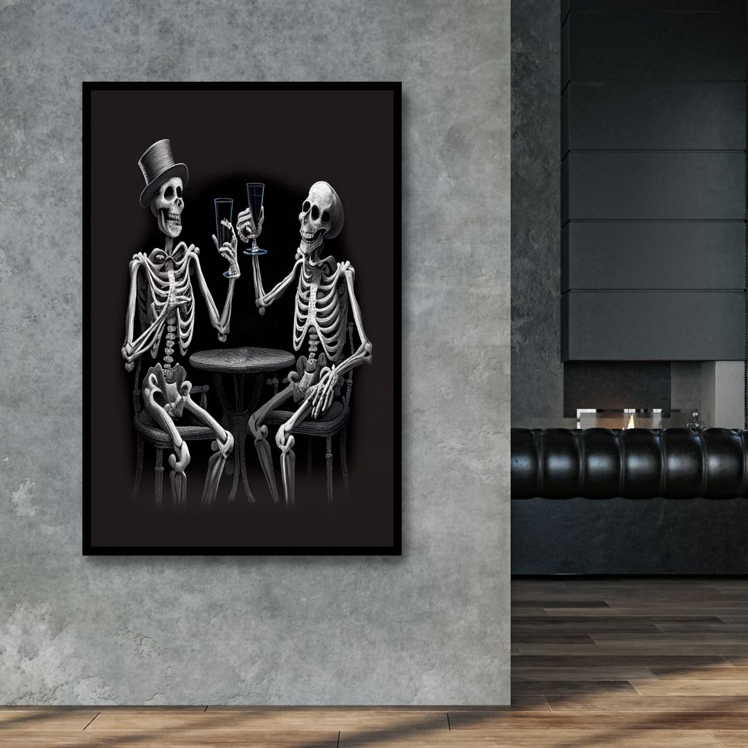 Dancing Skeletons Black and White Canvas Wall Art - Designity Art