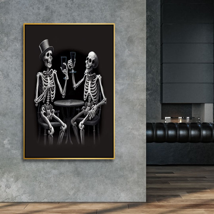 Dancing Skeletons Black and White Canvas Wall Art - Designity Art