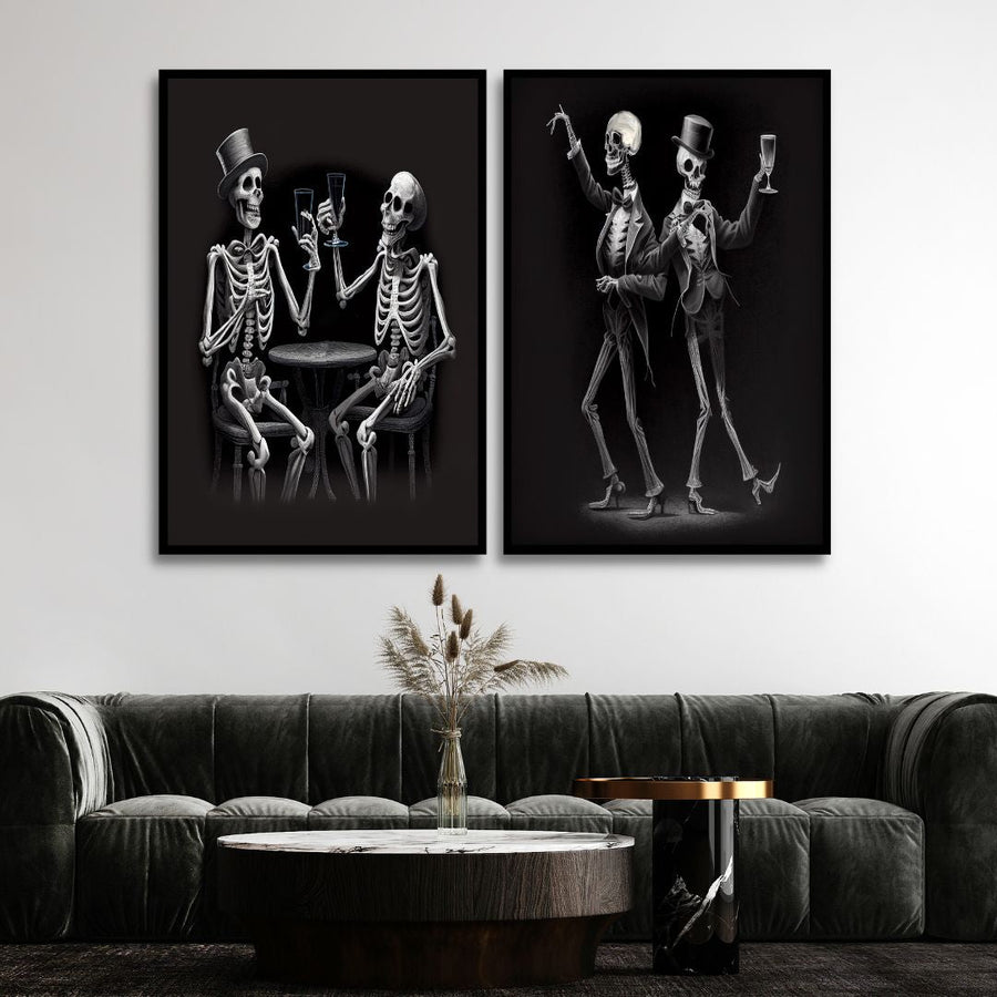 Dancing Skeletons Black and White Canvas Wall Art - Designity Art