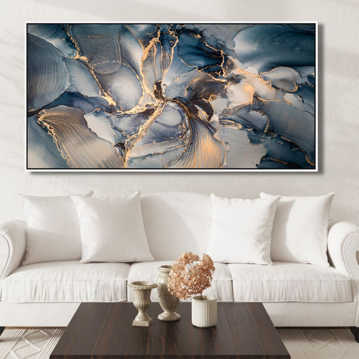 Fluid Blue and Gold Ink Abstract Canvas Art - Designity Art