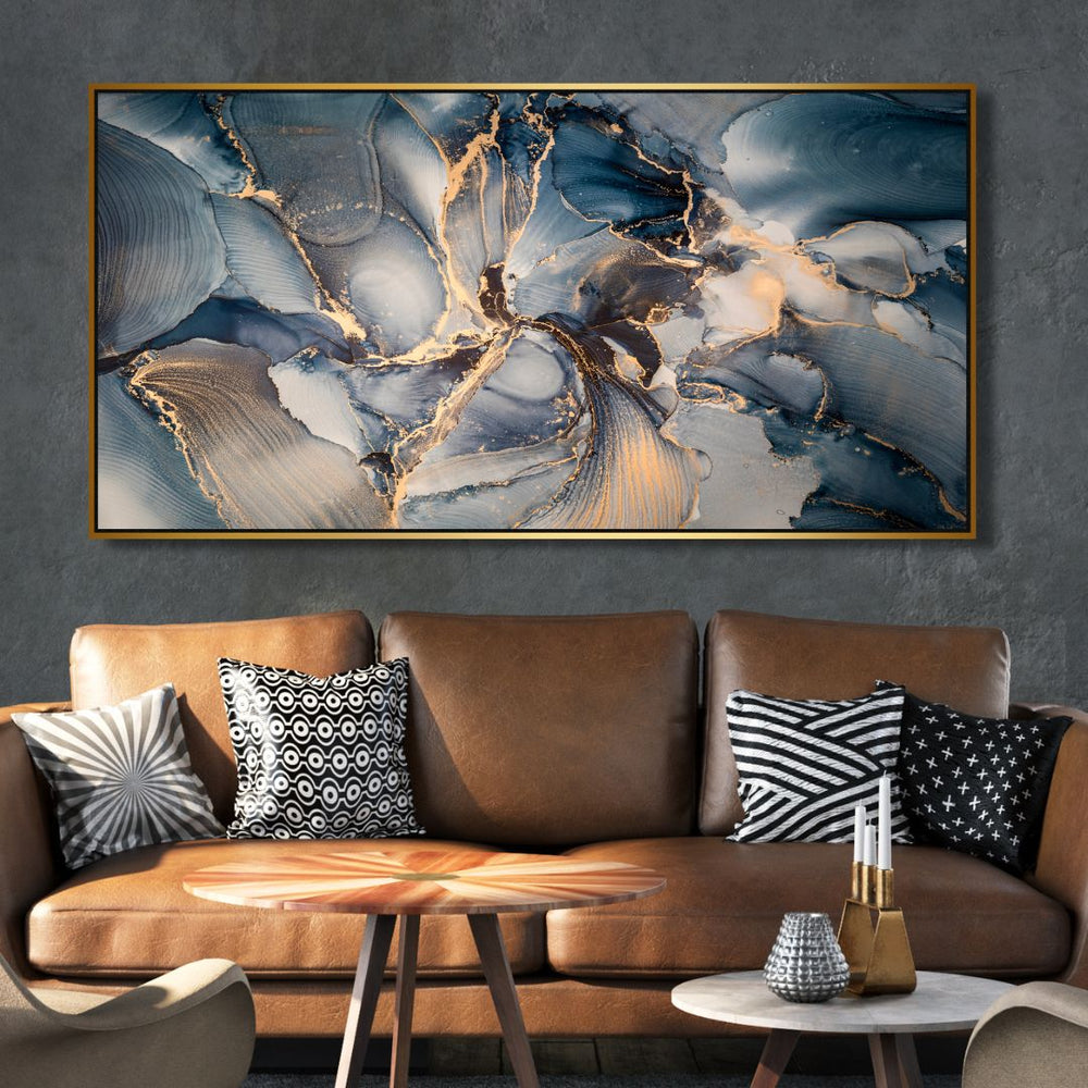 Fluid Blue and Gold Ink Abstract Canvas Art - Designity Art