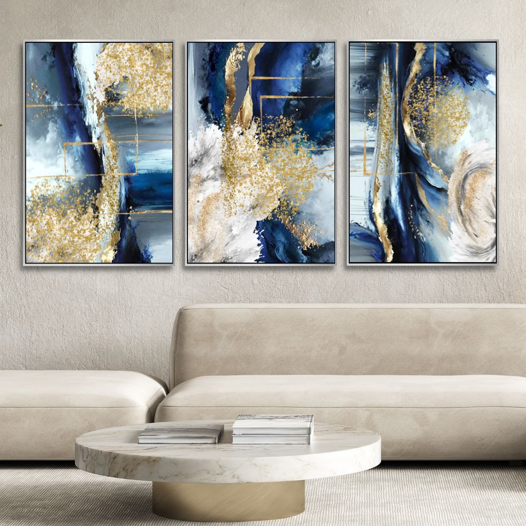 Fluid Blue, Gold and Gray Abstract Canvas Wall Art - Designity Art