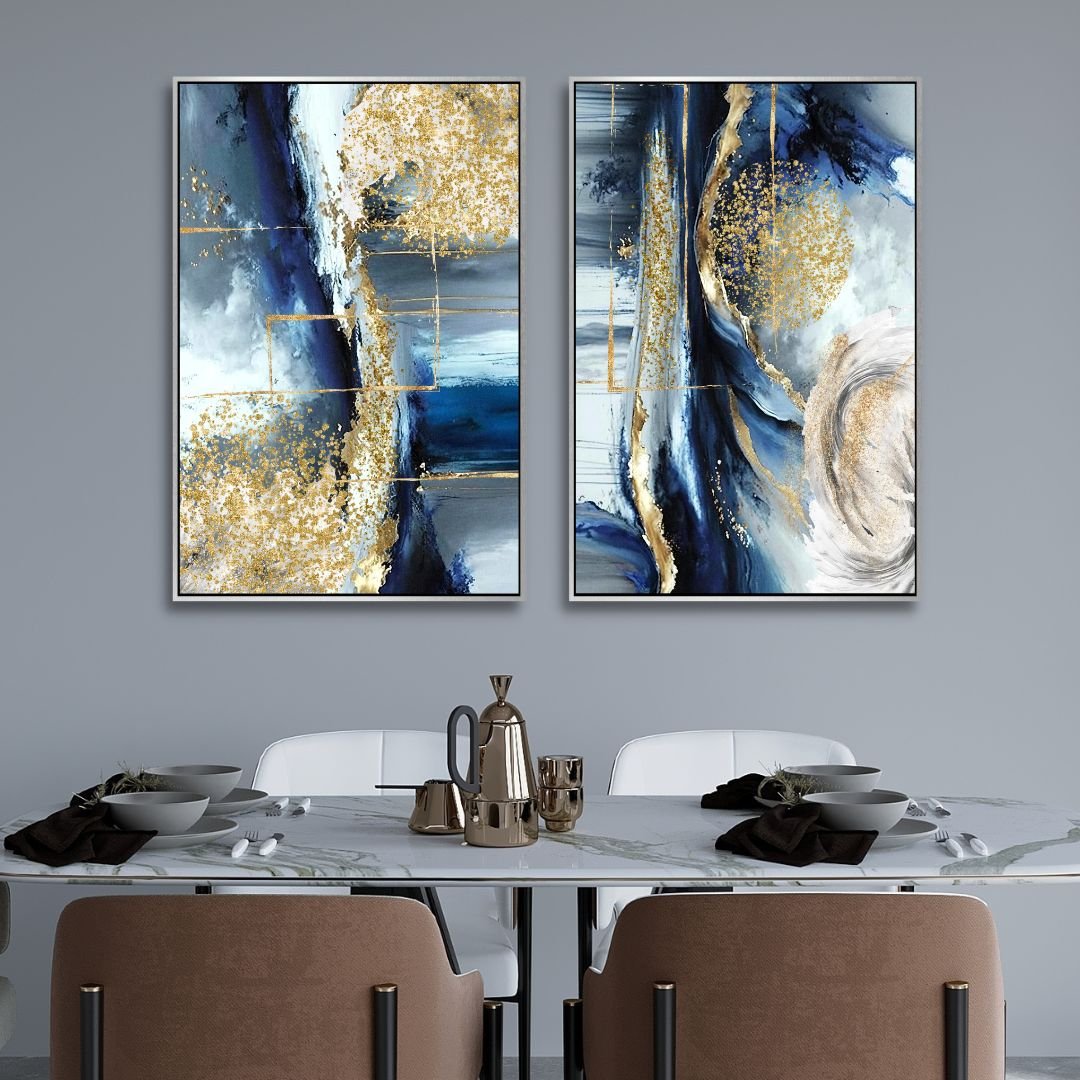 Fluid Blue, Gold and Gray Abstract Canvas Wall Art - Designity Art