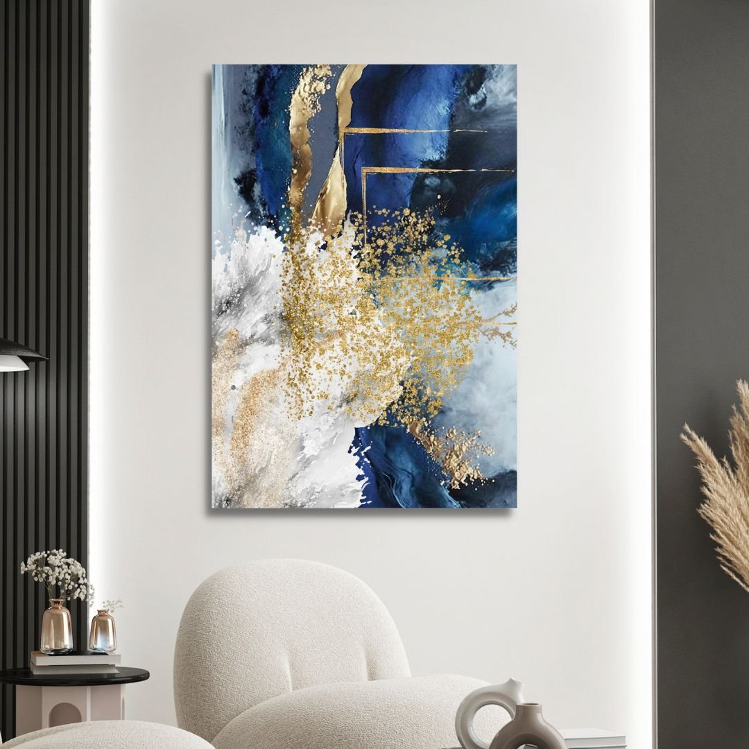 Fluid Blue, Gold and Gray Abstract Canvas Wall Art - Designity Art