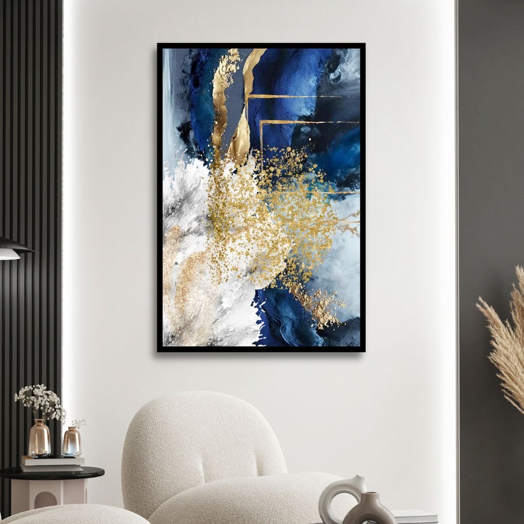 Fluid Blue, Gold and Gray Abstract Canvas Wall Art - Designity Art