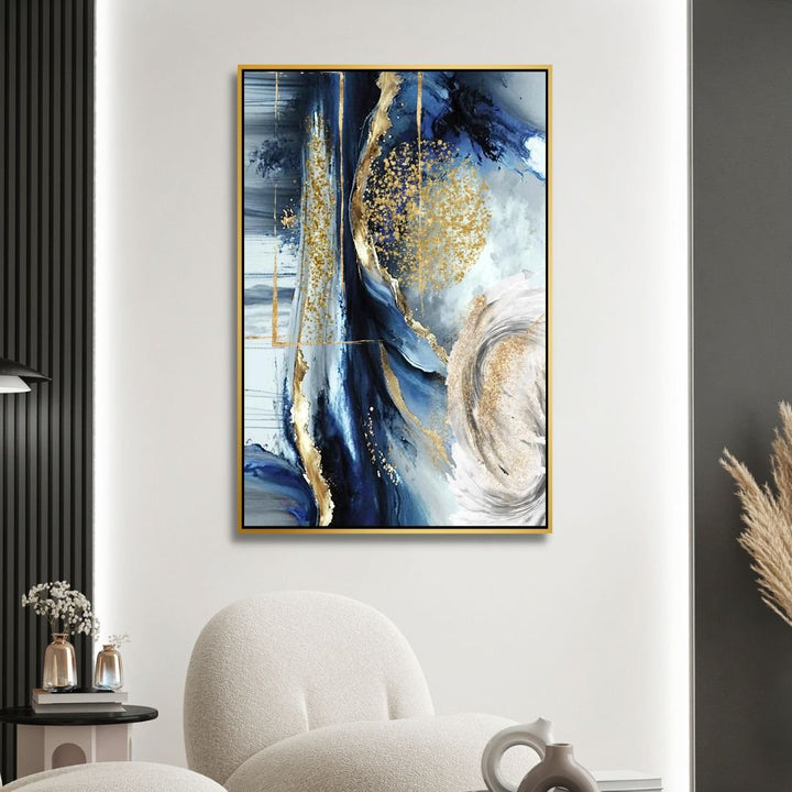 Fluid Blue, Gold and Gray Abstract Canvas Wall Art - Designity Art