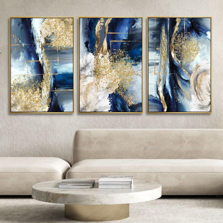 Fluid Blue, Gold and Gray Abstract Canvas Wall Art - Designity Art