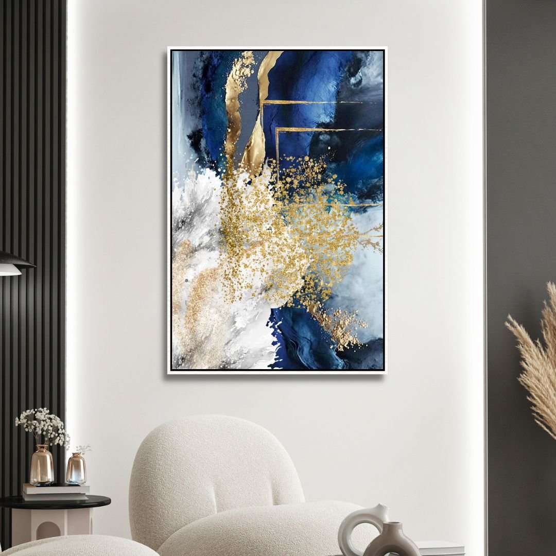 Fluid Blue, Gold and Gray Abstract Canvas Wall Art - Designity Art