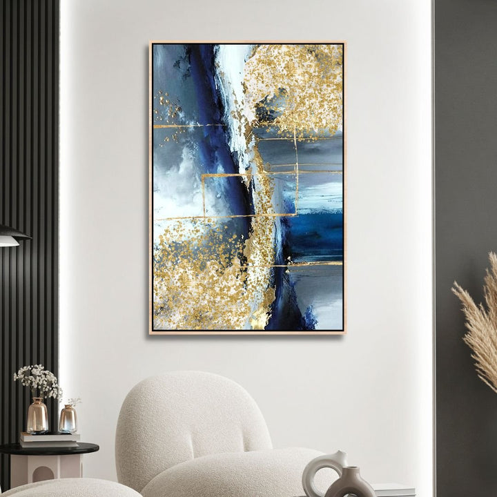 Fluid Blue, Gold and Gray Abstract Canvas Wall Art - Designity Art