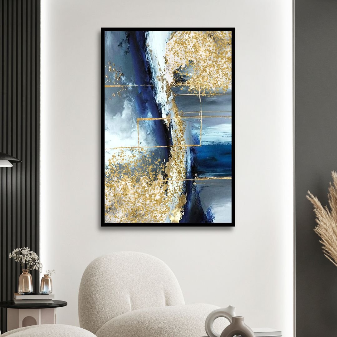 Fluid Blue, Gold and Gray Abstract Canvas Wall Art - Designity Art