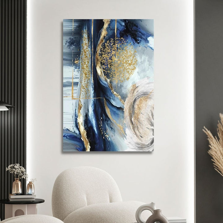 Fluid Blue, Gold and Gray Abstract Canvas Wall Art - Designity Art