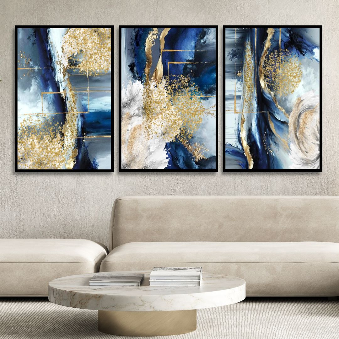 Fluid Blue, Gold and Gray Abstract Canvas Wall Art - Designity Art