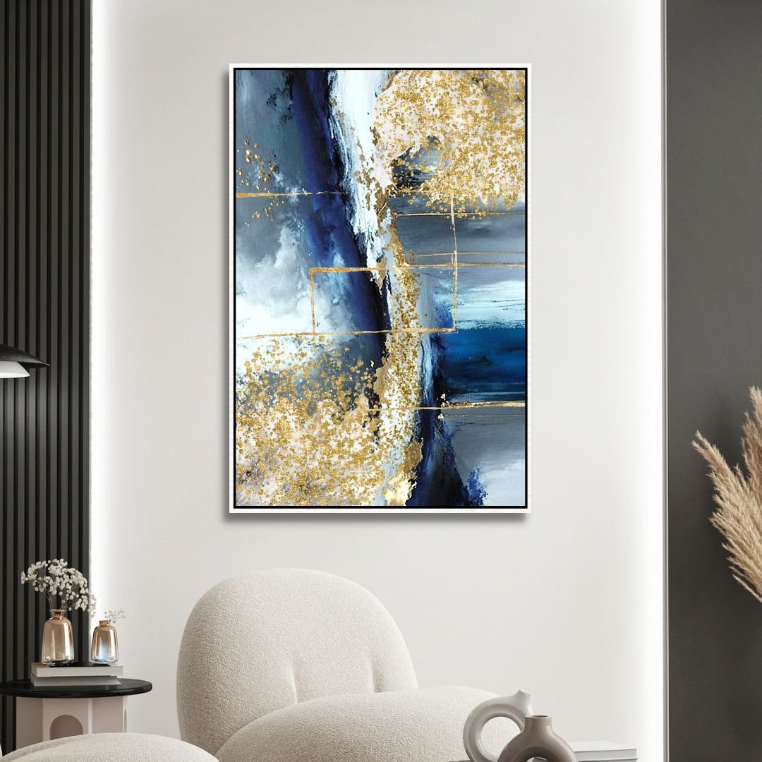 Fluid Blue, Gold and Gray Abstract Canvas Wall Art - Designity Art