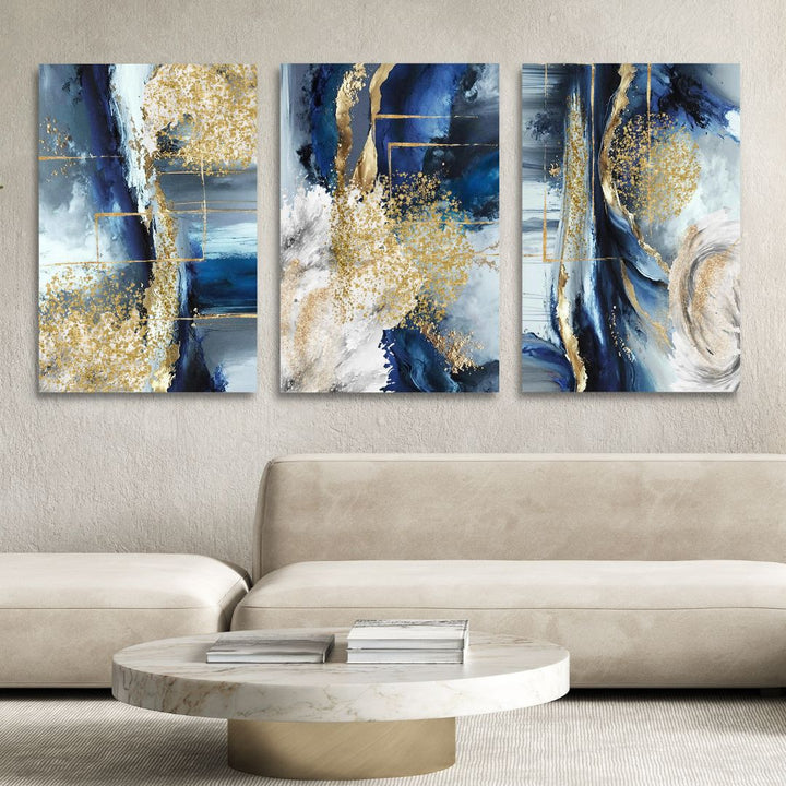 Fluid Blue, Gold and Gray Abstract Canvas Wall Art - Designity Art