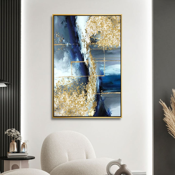 Fluid Blue, Gold and Gray Abstract Canvas Wall Art - Designity Art