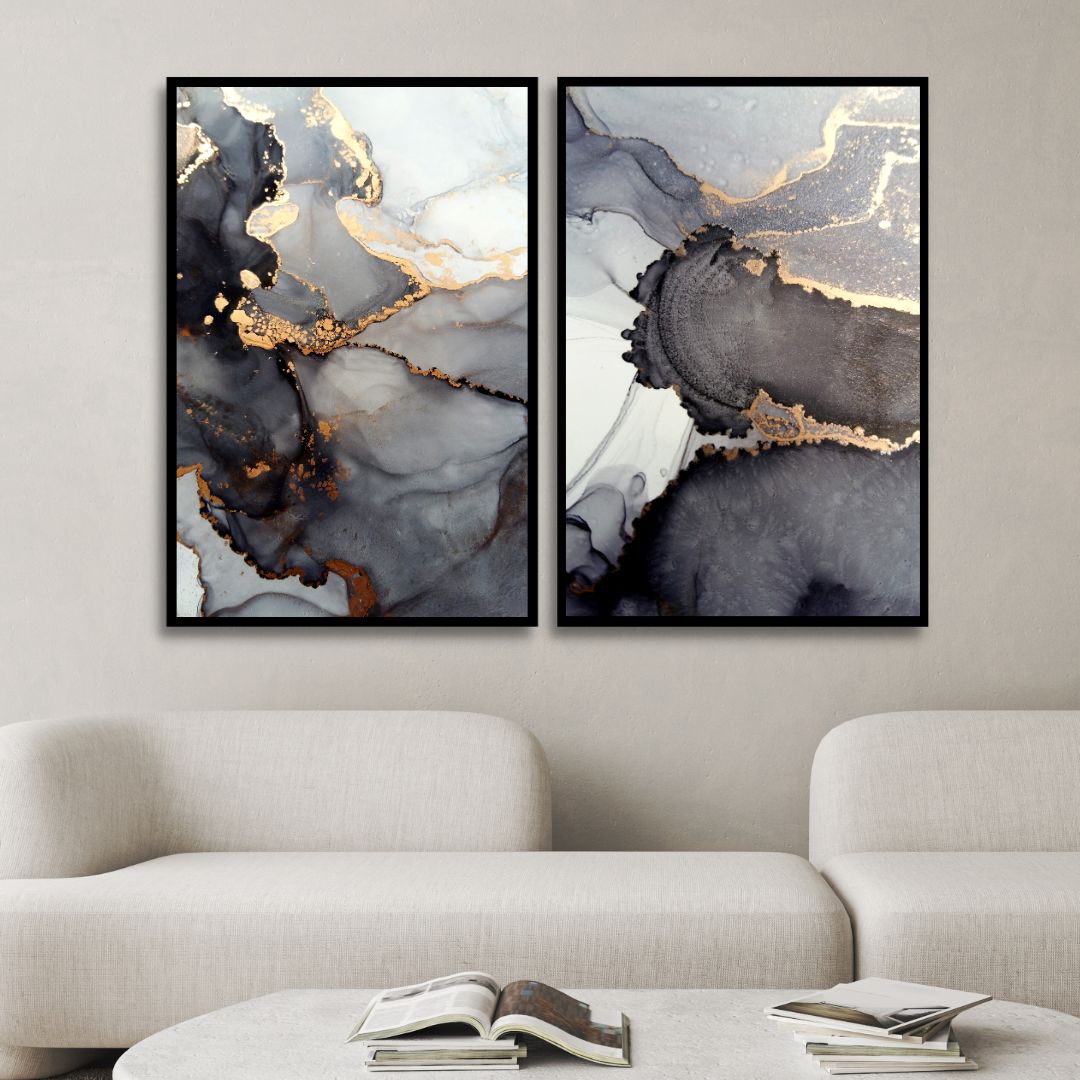 Fluid Gray and Gold Alcoholic Abstract Canvas Art - Designity Art