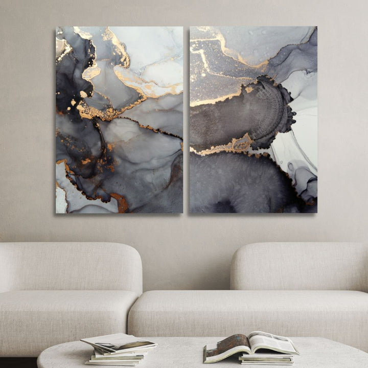 Fluid Gray and Gold Alcoholic Abstract Canvas Art - Designity Art