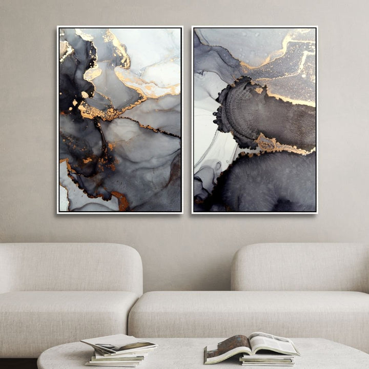 Fluid Gray and Gold Alcoholic Abstract Canvas Art - Designity Art