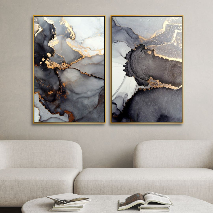 Fluid Gray and Gold Alcoholic Abstract Canvas Art - Designity Art