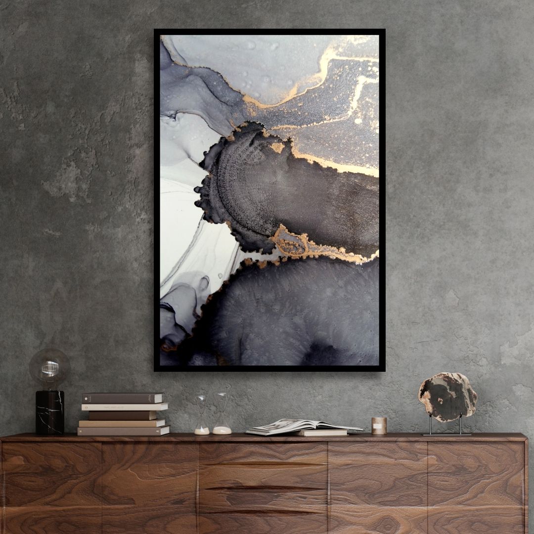 Fluid Gray and Gold Alcoholic Abstract Canvas Art - Designity Art