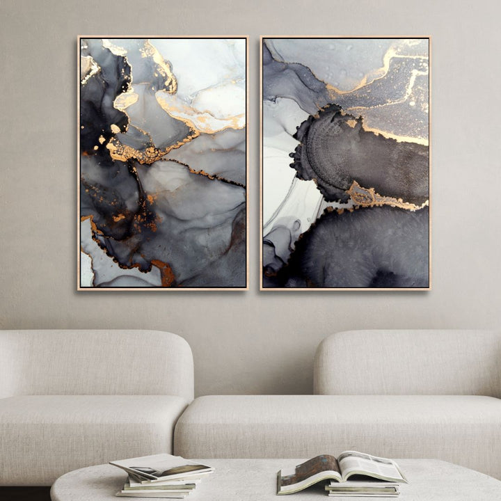 Fluid Gray and Gold Alcoholic Abstract Canvas Art - Designity Art