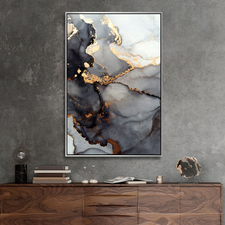 Fluid Gray and Gold Alcoholic Abstract Canvas Art - Designity Art