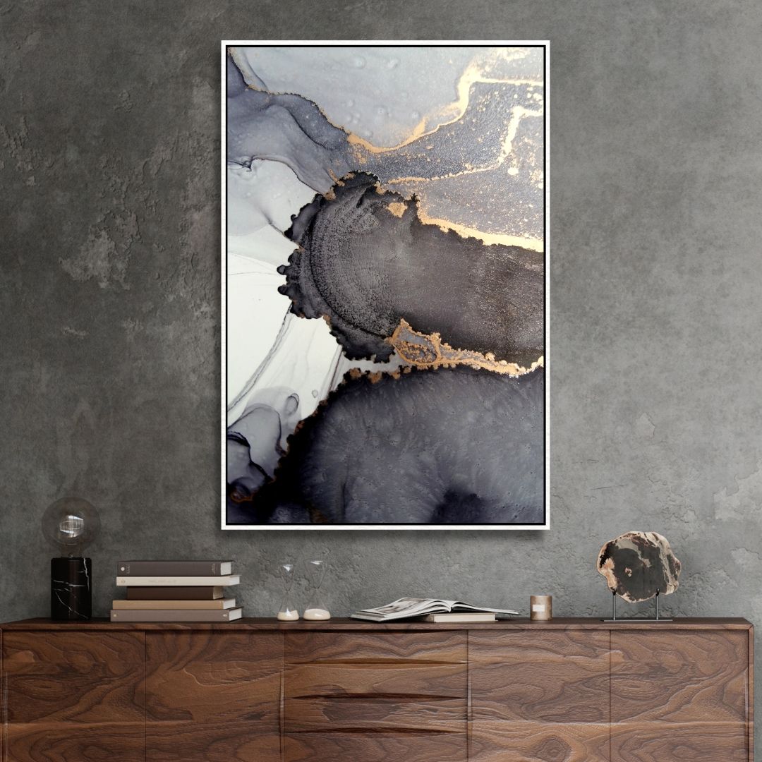 Fluid Gray and Gold Alcoholic Abstract Canvas Art - Designity Art