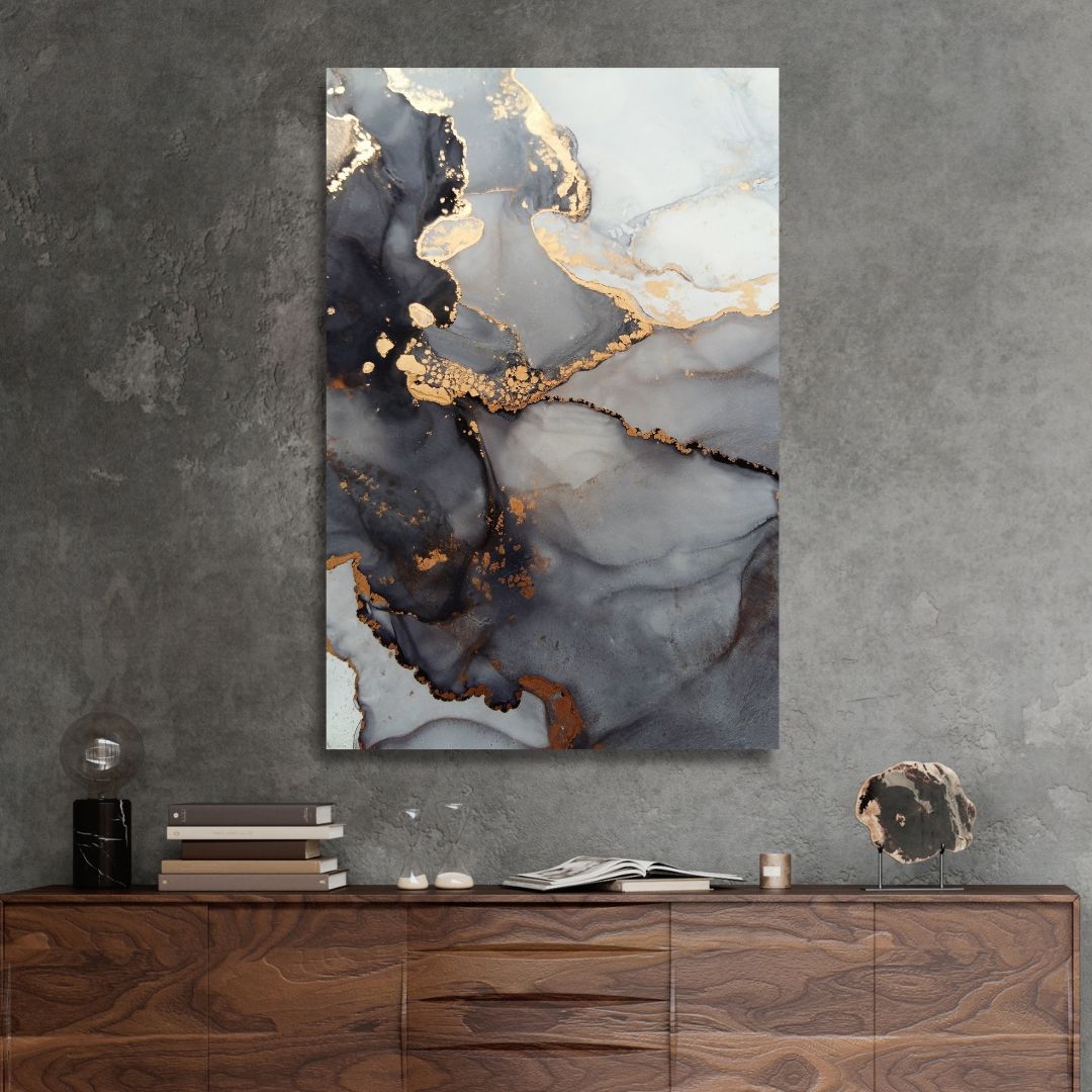 Fluid Gray and Gold Alcoholic Abstract Canvas Art - Designity Art