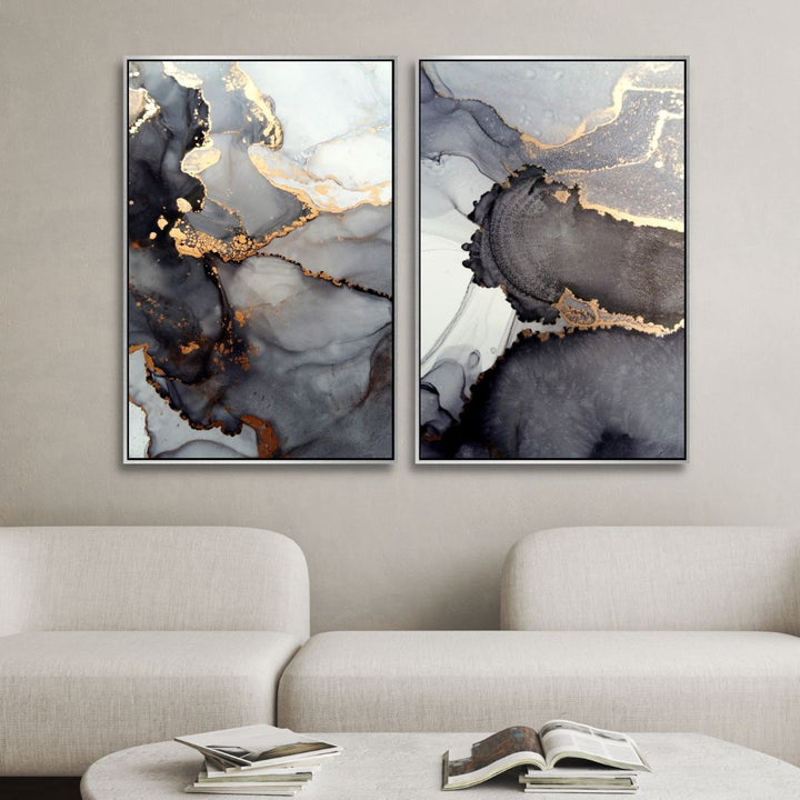 Fluid Gray and Gold Alcoholic Abstract Canvas Art - Designity Art