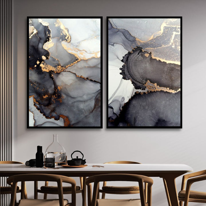 Fluid Gray and Gold Alcoholic Abstract Canvas Art - Designity Art