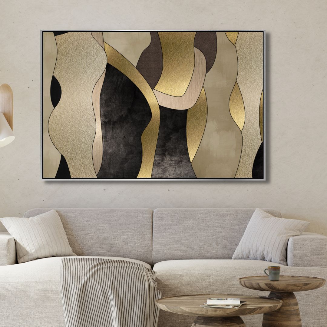 Gold, Black and Beige Shapes Abstract Art - Designity Art