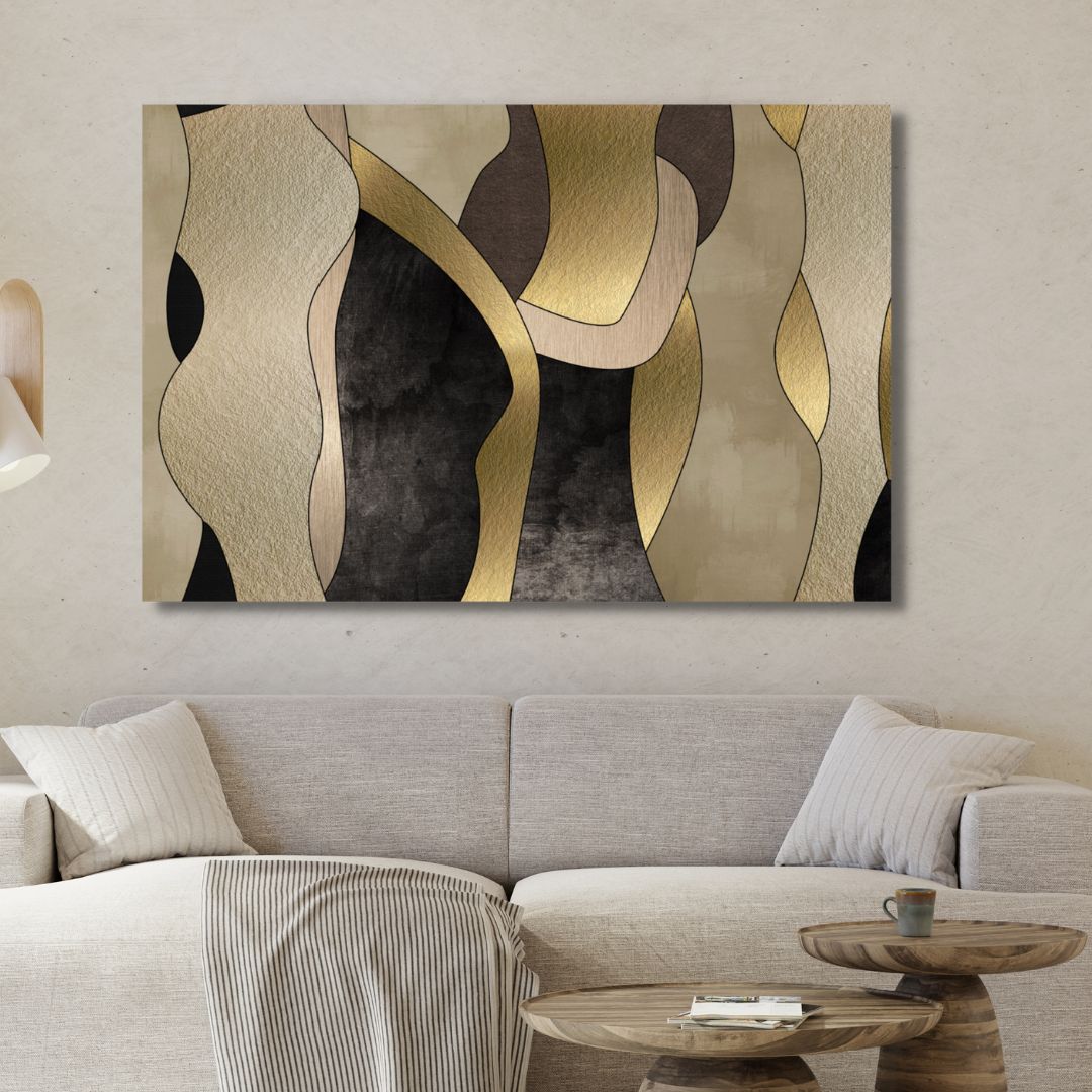 Gold, Black and Beige Shapes Abstract Art - Designity Art