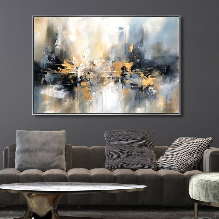 Gold, Blue and Gray Brushstrokes Abstract Art - Designity Art