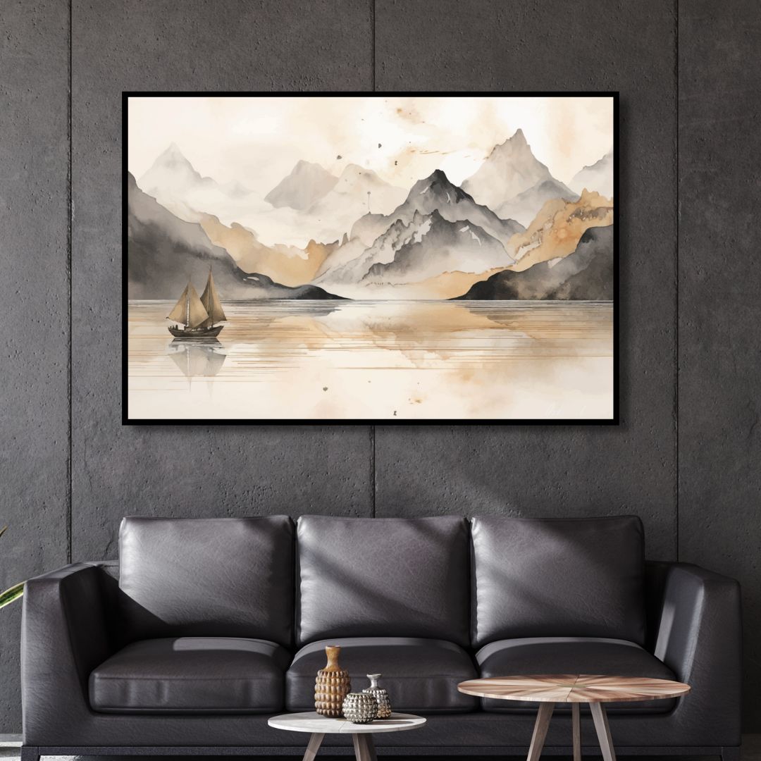 Golden Lake and Mountains Chinese Style Landscape Art - Designity Art