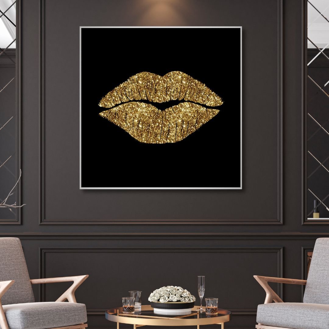 Golden Lips Canvas Wall Art - Designity Art