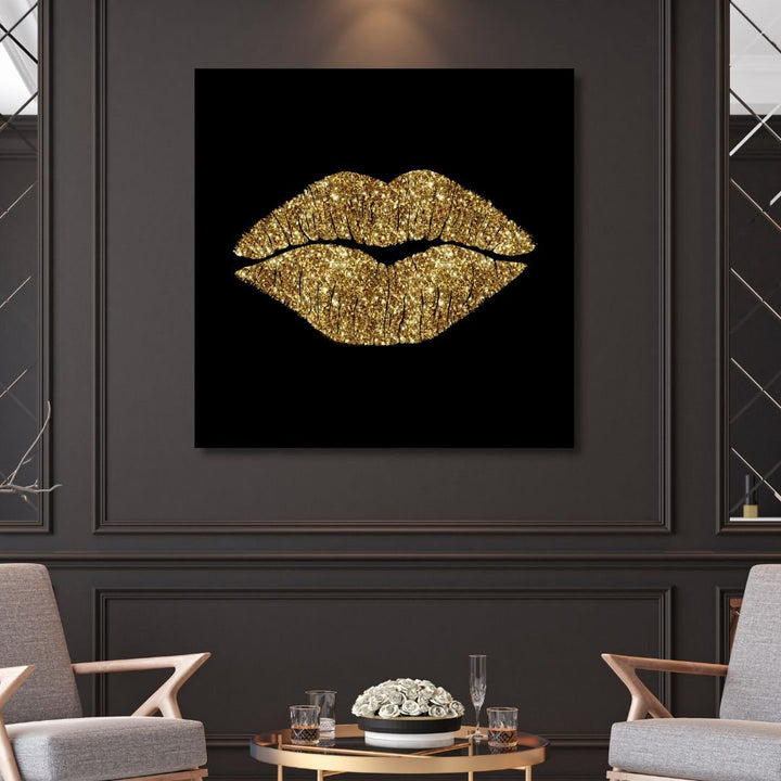 Golden Lips Canvas Wall Art - Designity Art
